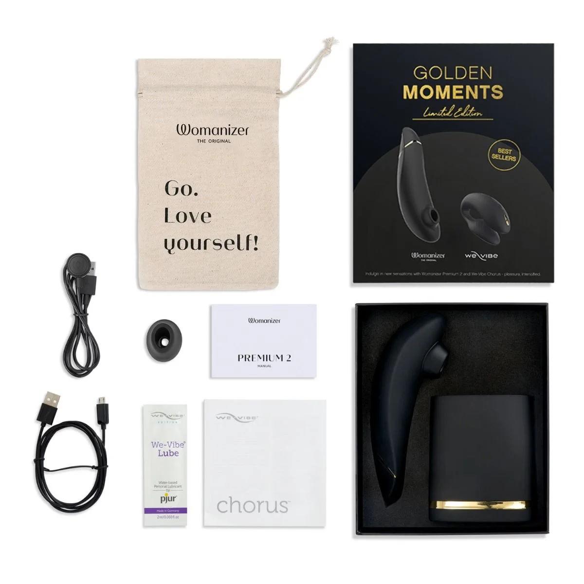Набор для пар WOW Golden Moments 2 Collection: клиторальный стимулятор Womanizer PREMIUM 2 + вибратор для пар We-Vibe Chorus